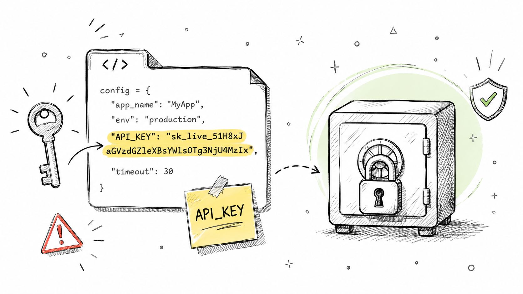 A conceptual illustration showing an API key being moved from source code into a secure vault.